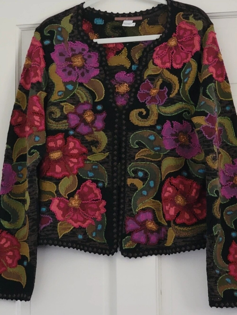 Peruvian Connection art knit handmade pima cotton cardigan XL floral Peru - Picture 3 of 16